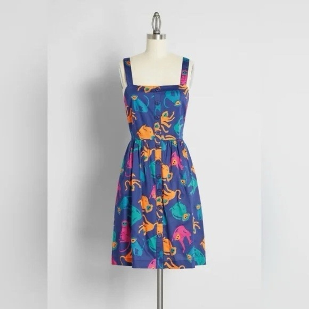 ModCloth NWT Fit and‎ Flare Vintage Inspired Retro Summer Dress Blue Monkey sz 0